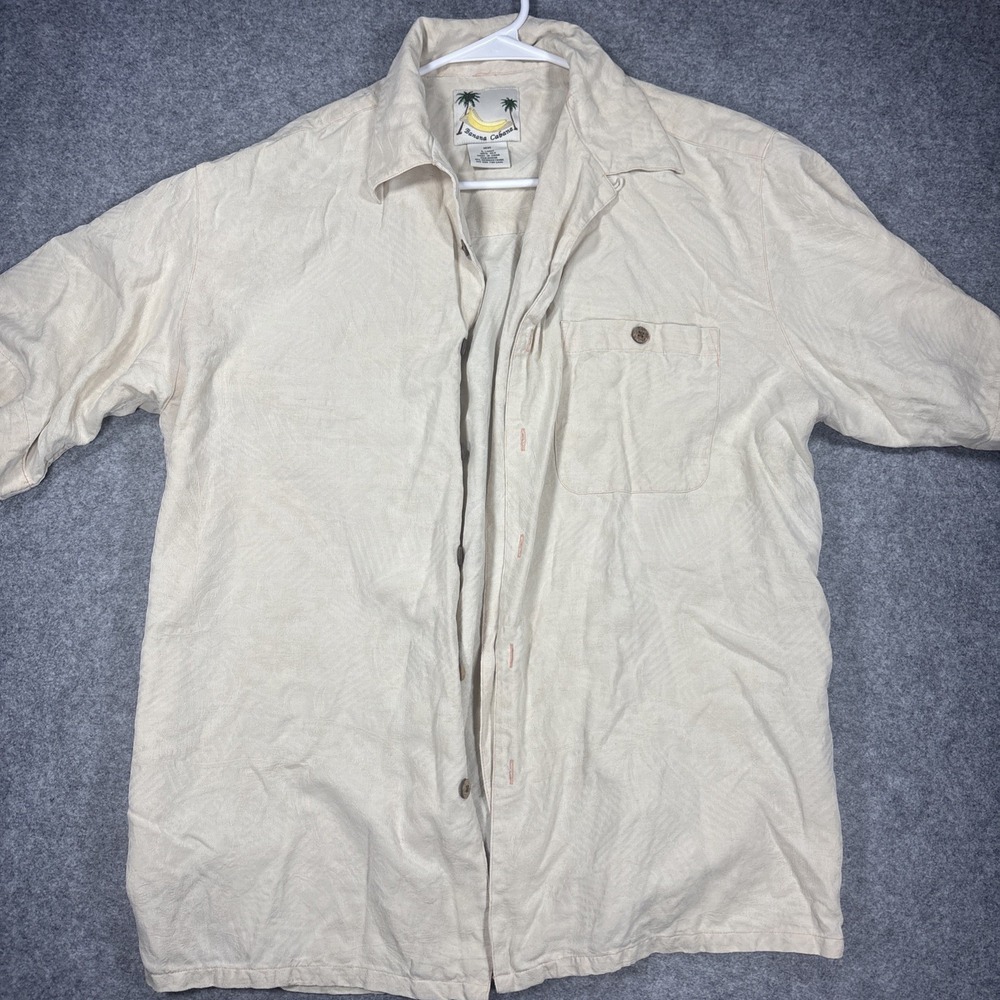 Banana Cabana Mens Silk Short Sleeve Button Up Shirt Beige Large Graphic Print